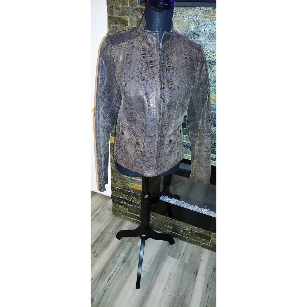 ALFANI Zippered Textured Brown Leather Jacket - S